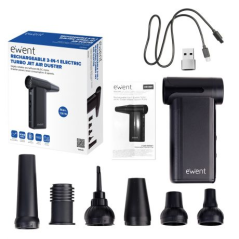 Pistolet à air comprimé Ewent - Aspirateur, pompe à vide et gonfleur - 8 vitesses - 130 000 tr/min - Batterie 5 000 mAh - Noir