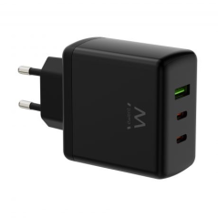 Chargeur mural universel GaN Ewent EW1330 65 W ultra rapide - 2 ports USB-C PD 3.0 et 1 port USB-A QC 3.0 - Noir