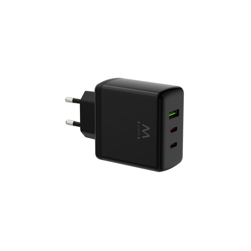 Chargeur mural universel GaN Ewent EW1330 65 W ultra rapide - 2 ports USB-C PD 3.0 et 1 port USB-A QC 3.0 - Noir