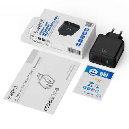 Chargeur mural universel GaN Ewent EW1330 65 W ultra rapide - 2 ports USB-C PD 3.0 et 1 port USB-A QC 3.0 - Noir