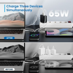 Chargeur mural universel GaN Ewent EW1330 65 W ultra rapide - 2 ports USB-C PD 3.0 et 1 port USB-A QC 3.0 - Noir