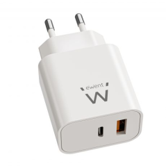 Chargeur Ewent EW1318 GAN 20 W - USB-C PD et USB-A QC - Charge rapide - Haute efficacité - Design compact - Blanc