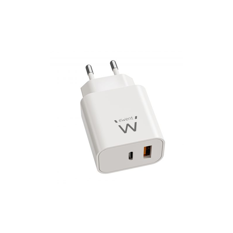 Chargeur Ewent EW1318 GAN 20 W - USB-C PD et USB-A QC - Charge rapide - Haute efficacité - Design compact - Blanc