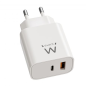 Chargeur Ewent EW1318 GAN 20 W - USB-C PD et USB-A QC - Charge rapide - Haute efficacité - Design compact - Blanc