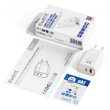 Chargeur Ewent EW1318 GAN 20 W - USB-C PD et USB-A QC - Charge rapide - Haute efficacité - Design compact - Blanc