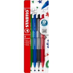 Stylos rétractables Stabilo Pointball colorés, lot de 4 – trait de 0,5 mm – 87 % bioplastique – poignée antidérapante –