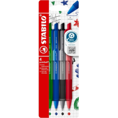 Stylos rétractables Stabilo Pointball colorés, lot de 4 – trait de 0,5 mm – 87 % bioplastique – poignée antidérapante –