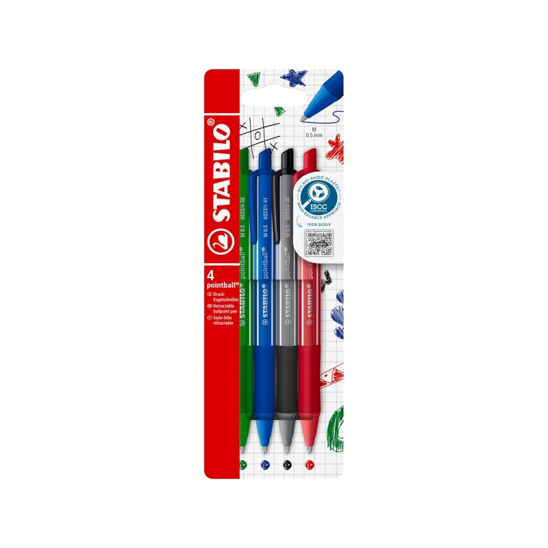 Stylos rétractables Stabilo Pointball colorés, lot de 4 – trait de 0,5 mm – 87 % bioplastique – poignée antidérapante –