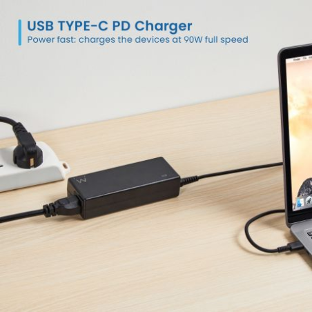 Chargeur universel pour ordinateur portable Ewent 90 W - USB-C - Power Delivery - Gestion intelligente de l'alimentation - Noir