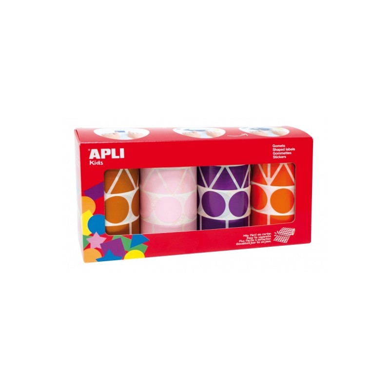 Apli Pack de 4 Rouleaux de Gomets Adhésifs Permanents - Formes Diverses - Favorise la Psychomotricité et la Créativité