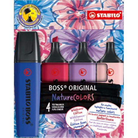 Pack de 4 marqueurs Stabilo Boss Naturecolors Wildflower Edition - Taille de trait entre 2 et 5 mm - Encre à base d'eau - Bleu