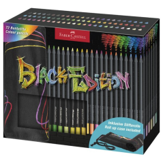 Crayons de couleur Faber-Castell Black Edition, lot de 72 enroulables - Mine extra-douce - Bois noir - Idéal pour dessiner sur