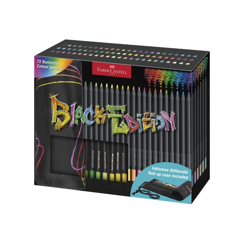 Crayons de couleur Faber-Castell Black Edition, lot de 72 enroulables - Mine extra-douce - Bois noir - Idéal pour dessiner sur