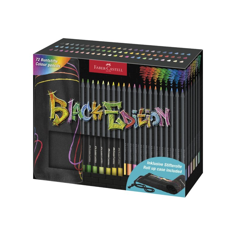 Crayons de couleur Faber-Castell Black Edition, lot de 72 enroulables - Mine extra-douce - Bois noir - Idéal pour dessiner sur