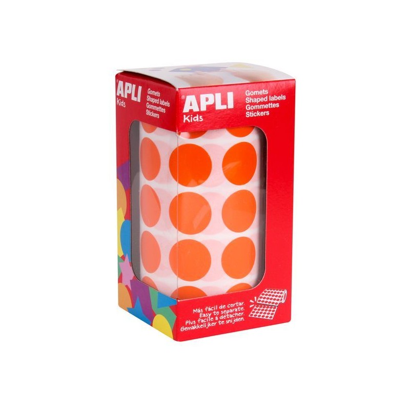 Apli Rouleau de Gomets Ronds Ø 20mm - Adhésif Permanent - 1770 Gomets - Adhésif à Base d'Eau - Sans Solvant - Couleur Orange