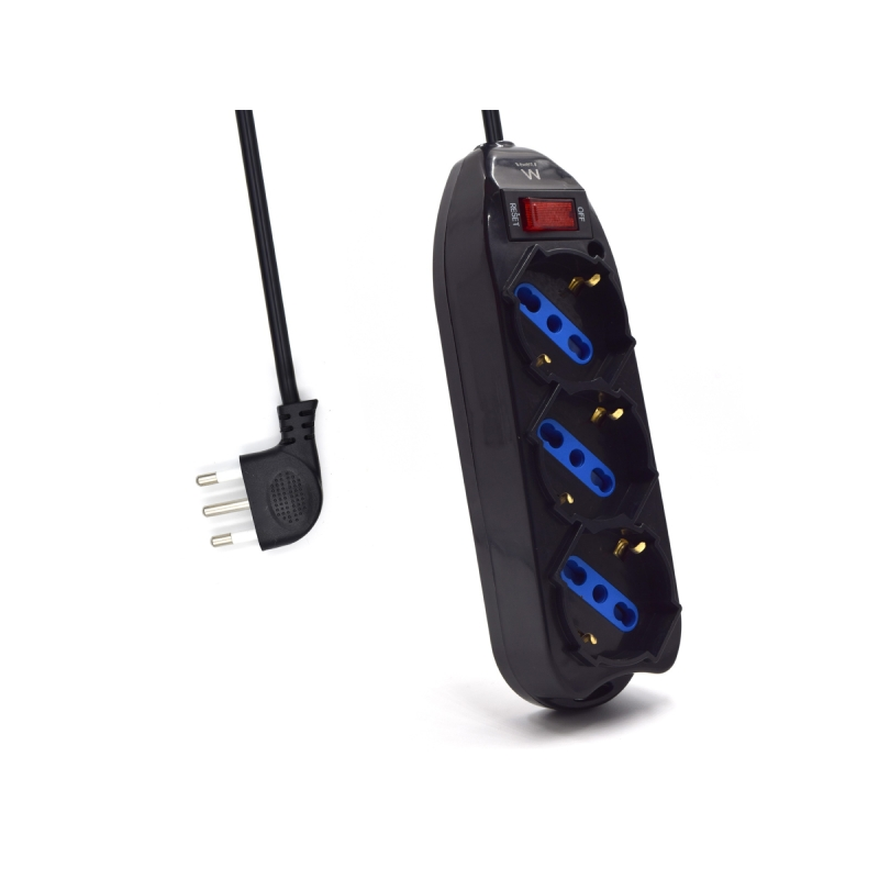 Multiprise Ewent avec 3 prises Schuko 10/16 A - Interrupteur marche/arrêt - Fiche italienne coudée plate - Câble de 1,5 m - Noir