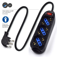 Multiprise Ewent avec 3 prises Schuko 10/16 A - Interrupteur marche/arrêt - Fiche italienne coudée plate - Câble de 1,5 m - Noir
