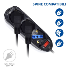 Multiprise Ewent avec 3 prises Schuko 10/16 A - Interrupteur marche/arrêt - Fiche italienne coudée plate - Câble de 1,5 m - Noir