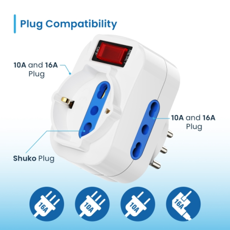 Multiprise murale 3 prises Ewent - 3 prises Schuko italiennes 10/16 A - 2 prises Schuko + 1 prise Schuko - Interrupteur