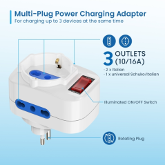 Multiprise murale 3 prises Ewent - 3 prises Schuko italiennes 10/16 A - 2 prises Schuko + 1 prise Schuko - Interrupteur