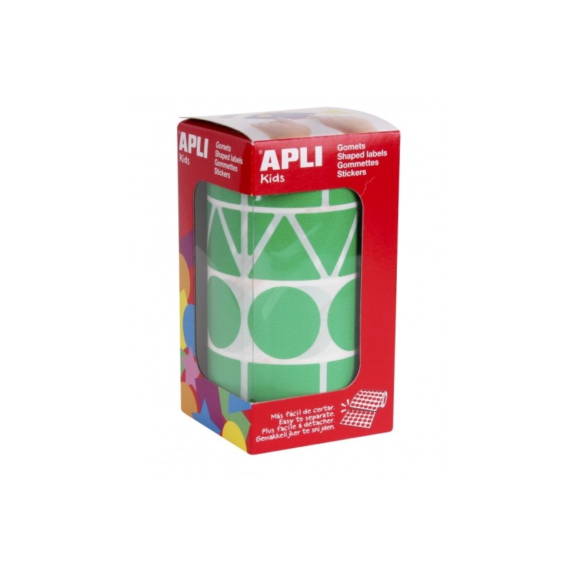 Apli Rouleau de Gomets de Formes Assorties - Adhésif Permanent - 1357 Gomets - Idéal pour les Maternelles - Favorise la