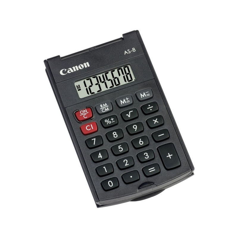 Calculatrice de poche Canon AS-8 avec écran LCD 8 chiffres - Étui rigide pliable - Fonctionne sur piles - Gris foncé