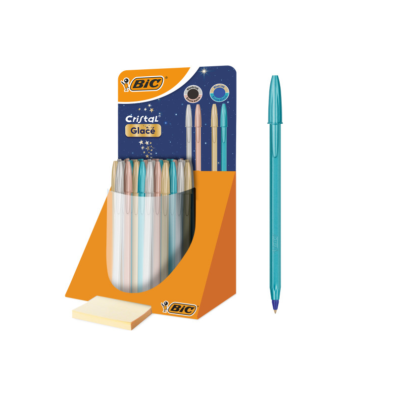 Présentoir Bic Cristal Glace avec 40 stylos à bille - Corps opaque aux couleurs métallisées mates - Pointe ronde de 1 mm
