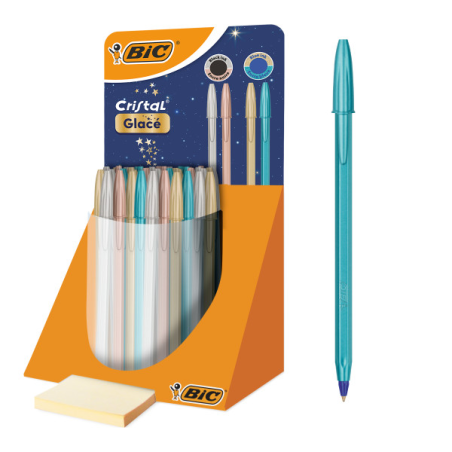 Présentoir Bic Cristal Glace avec 40 stylos à bille - Corps opaque aux couleurs métallisées mates - Pointe ronde de 1 mm