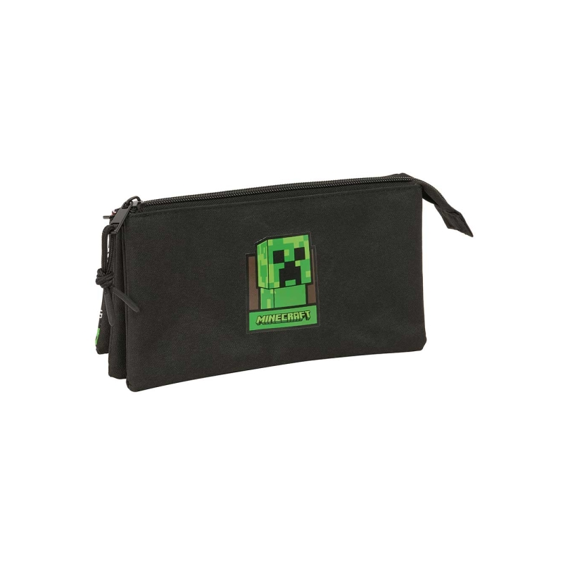 Trousse Safta Minecraft - 3 compartiments zippés - Poche intérieure - 0,6 L - 220 x 30 x 120 mm - Noire