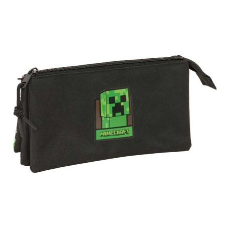 Trousse Safta Minecraft - 3 compartiments zippés - Poche intérieure - 0,6 L - 220 x 30 x 120 mm - Noire