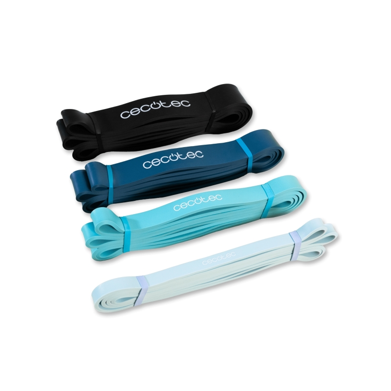 Cecotec DrumFit Power Band, lot de 4 bandes élastiques de 15 à 60 kg, sac de transport, latex, couleurs assorties