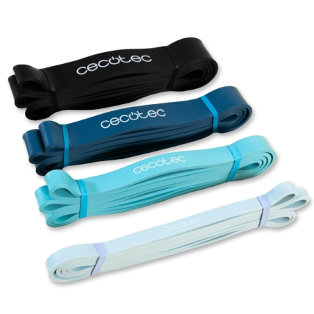 Cecotec DrumFit Power Band, lot de 4 bandes élastiques de 15 à 60 kg, sac de transport, latex, couleurs assorties