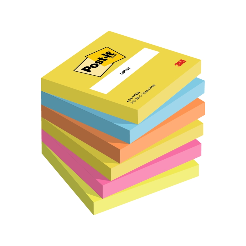 Lot de 6 blocs de 100 notes autocollantes repositionnables Post-It - Forme carrée - 76 x 76 mm - Couleurs assorties