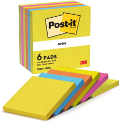 Lot de 6 blocs de 100 notes autocollantes repositionnables Post-It - Forme carrée - 76 x 76 mm - Couleurs assorties