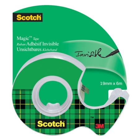 Ruban adhésif invisible Scotch Magic - 19 mm x 6 m - Distributeur inclus - Transparent