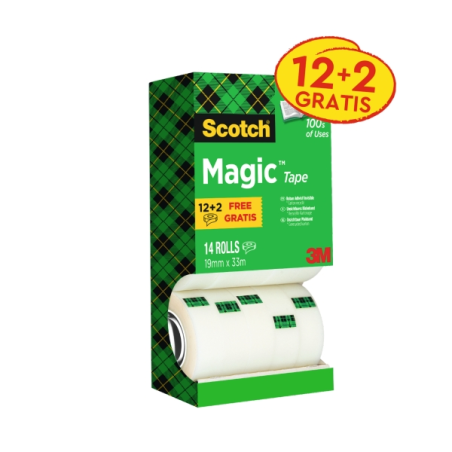 Ruban adhésif invisible Scotch Magic - Pack économique de 14 rouleaux de 19 mm x 33 m - Transparent