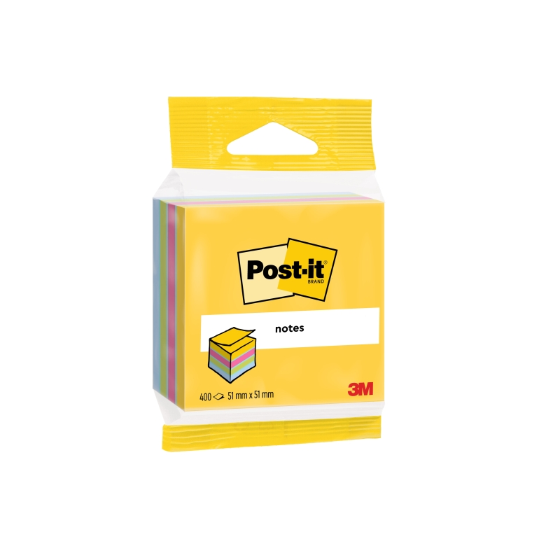 Cube Post-It de 400 notes autocollantes repositionnables - Forme carrée - 51 x 51 mm - Couleurs assorties