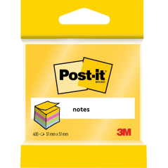 Cube Post-It de 400 notes autocollantes repositionnables - Forme carrée - 51 x 51 mm - Couleurs assorties