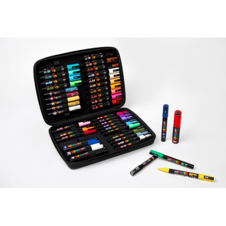 Coffret Posca Premium de 40 marqueurs peinture - Couleurs et traits assortis - Pointe polyester - Encre pigmentée à base d'eau