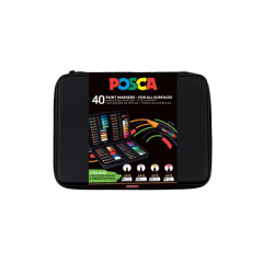 Coffret Posca Premium de 40 marqueurs peinture - Couleurs et traits assortis - Pointe polyester - Encre pigmentée à base d'eau