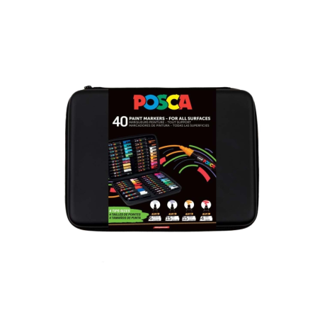 Coffret Posca Premium de 40 marqueurs peinture - Couleurs et traits assortis - Pointe polyester - Encre pigmentée à base d'eau
