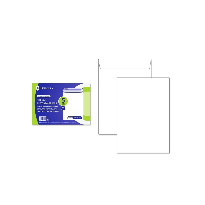 Bismark Pack de 5 Enveloppes Papier 90gr - Dimensions 229x324mm - Fermeture Autocollante - Couleur Blanc