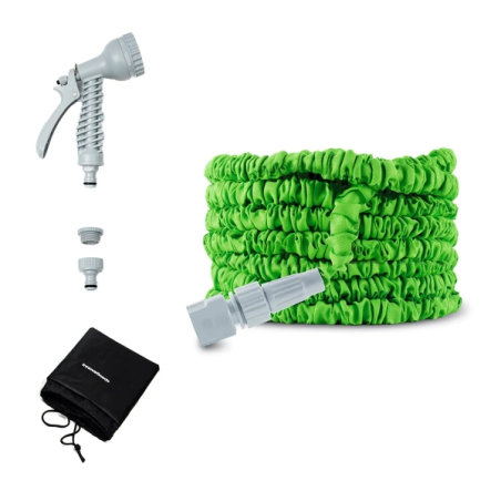 Tuyau d'arrosage extensible Innovagoods Hoostend de 15 m - Pression jusqu'à 8 bars - Accessoires inclus - Vert et gris