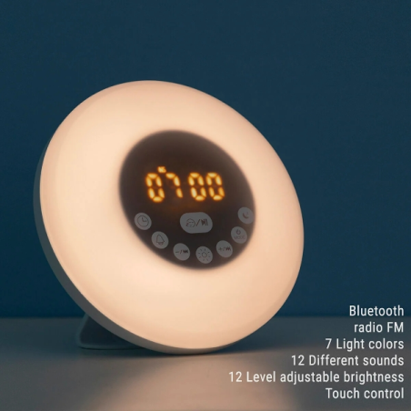 Réveil sans fil Innovagoods Sunrilk avec haut-parleur - Bluetooth - Radio FM - Batterie 1200 mAh - Câble de 100 cm - Écran LCD