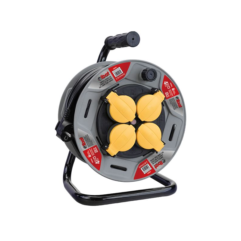 Enrouleur de rallonge Elbat avec protection thermique - 4 prises Schuko - Charge maximale : 1100 W (enroulé), 3200 W (déroulé)