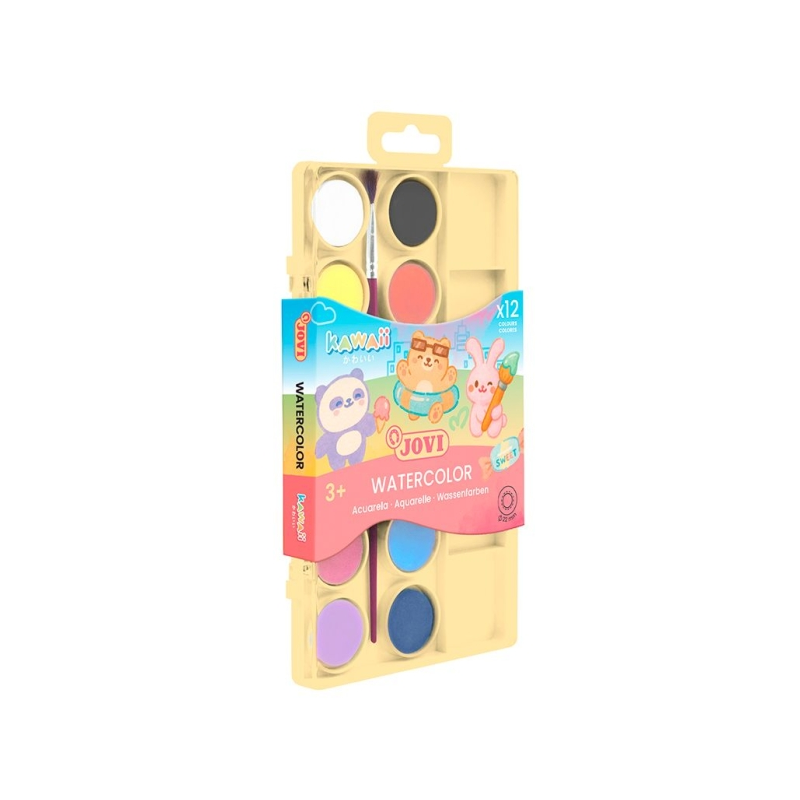 Jovi Kawaii - Coffret de 12 godets d'aquarelle 22 mm + pinceau - Mélange facile - Couleurs Kawaii assorties