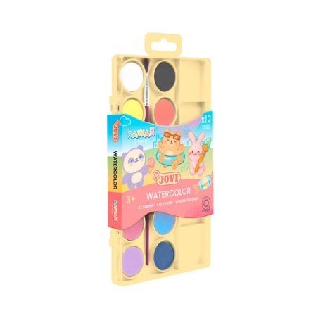 Jovi Kawaii - Coffret de 12 godets d'aquarelle 22 mm + pinceau - Mélange facile - Couleurs Kawaii assorties
