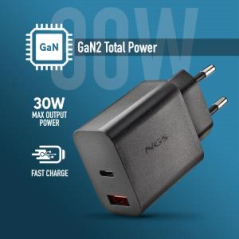 Chargeur mural ultra-rapide GaN NGS ERA 30 W - 1 USB-C et 1 USB-A - Noir
