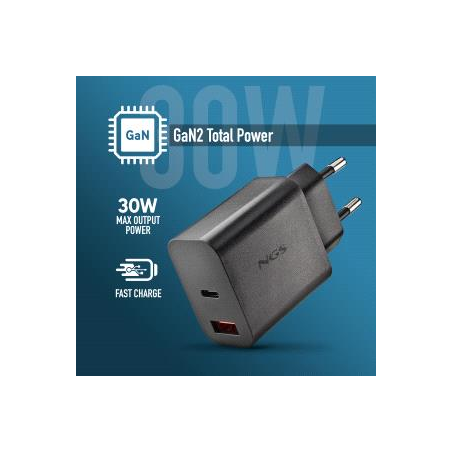 Chargeur mural ultra-rapide GaN NGS ERA 30 W - 1 USB-C et 1 USB-A - Noir