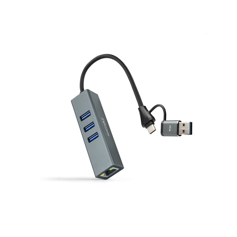 Adaptateur réseau Nanocable USB-C + USB-A/M 3.0 vers Gigabit Ethernet 10/100/1000 Mbps + Hub 3x USB-A 3.0 - 15 cm - Gris